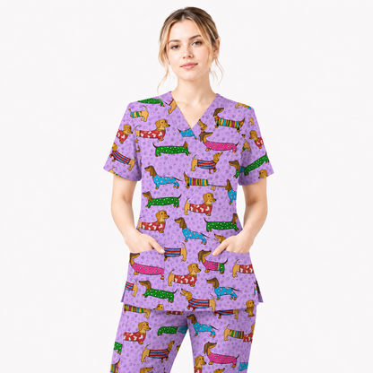 Dachshund Dog Scrub Top, Funny Wiener Dog Scrubs For Nursing, RN LPN CNA Healthcare Workers Gift