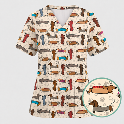 Cute Dachshund Scrub Top for Nurses, Funny Wiener Dog Print Medical Uniform Shirt, Sausage Dog Pattern Veterinary Workwear