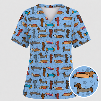 Cute Dachshund Scrub Top for Nurses, Funny Wiener Dog Print Medical Uniform Shirt, Sausage Dog Pattern Veterinary Workwear