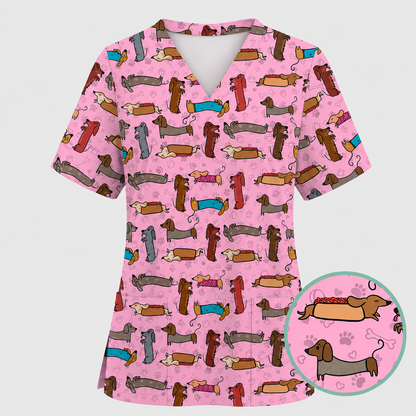 Cute Dachshund Scrub Top for Nurses, Funny Wiener Dog Print Medical Uniform Shirt, Sausage Dog Pattern Veterinary Workwear