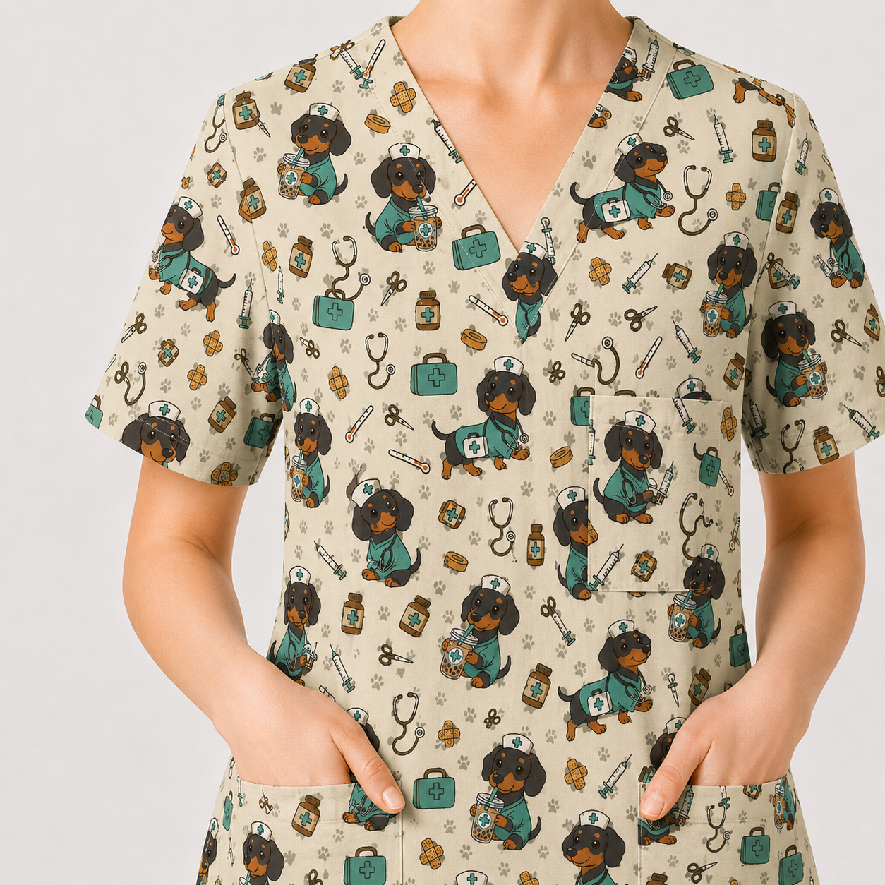 Funny Dachshund Pattern Medical Shirt Nursing, Cute Wiener Dog Nurse Scrub Top, Breathable Med Uniform, RN CNA Doctor Scrubs