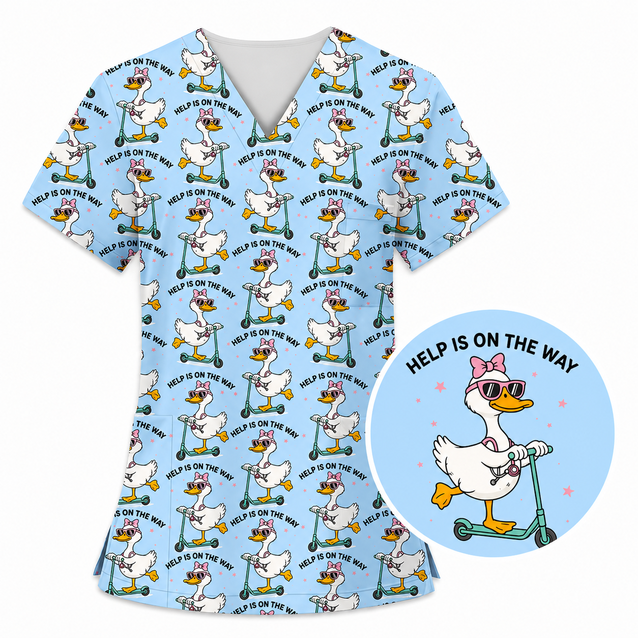 Help Is On The Way Nurse Goose Scrub Top, Funny Duck on Scooter Nursing Scrub Shirt, RN CNA LPN Veterinary Technicians Gift