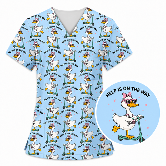 Help Is On The Way Nurse Goose Scrub Top, Funny Duck on Scooter Nursing Scrub Shirt, RN CNA LPN Veterinary Technicians Gift