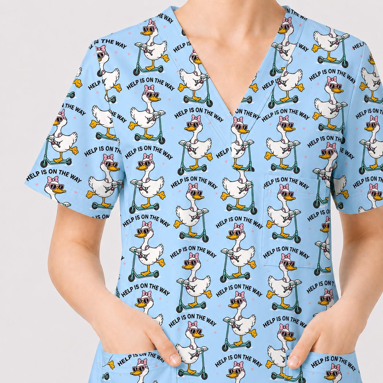 Help Is On The Way Nurse Goose Scrub Top, Funny Duck on Scooter Nursing Scrub Shirt, RN CNA LPN Veterinary Technicians Gift