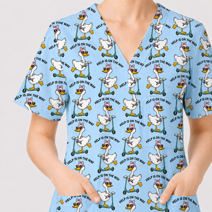 Help Is On The Way Nurse Goose Scrub Top, Funny Duck on Scooter Nursing Scrub Shirt, RN CNA LPN Veterinary Technicians Gift