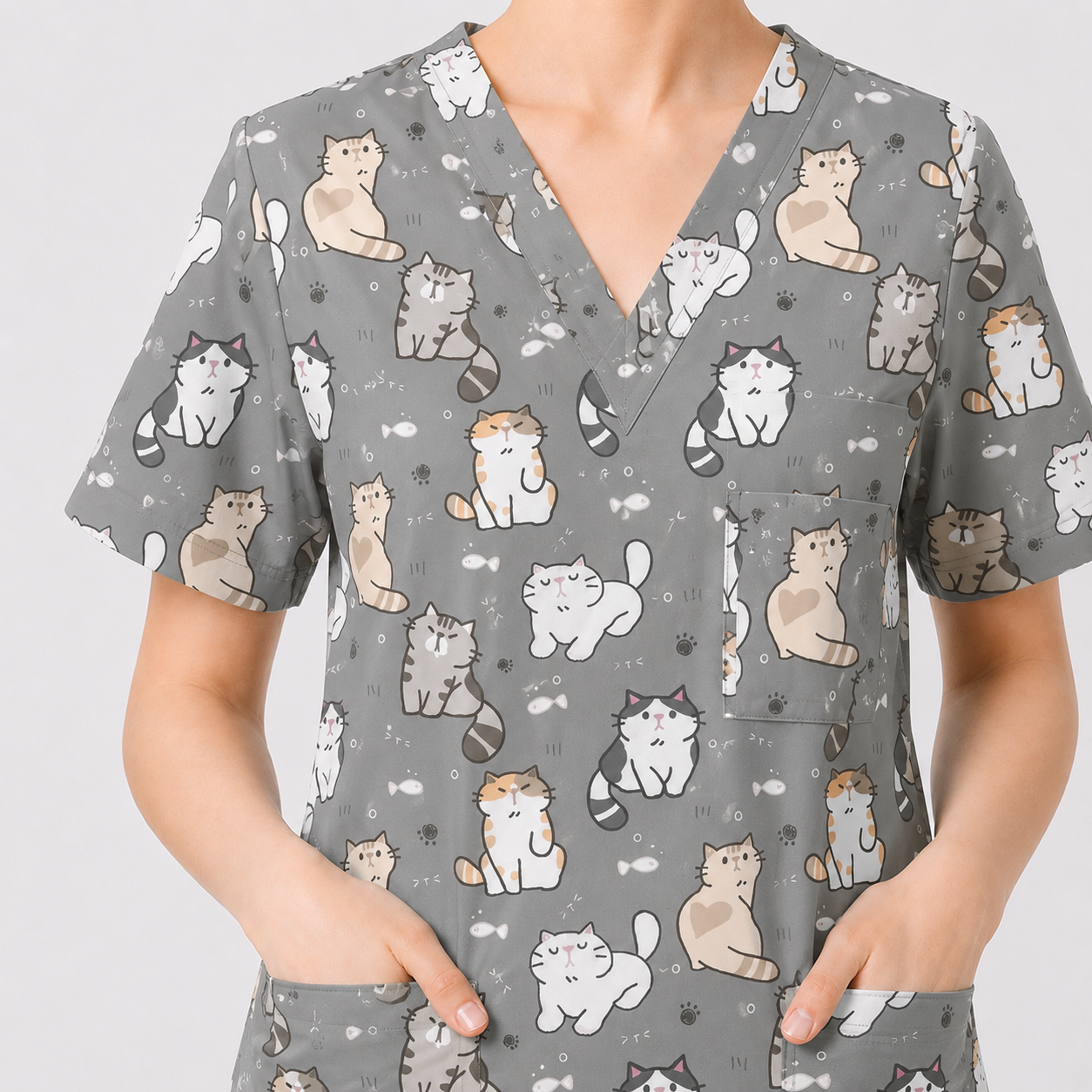 Funny Cat Scrub Set, Cute Cat Pattern Scrub For Nursing, Breathable Med Uniform