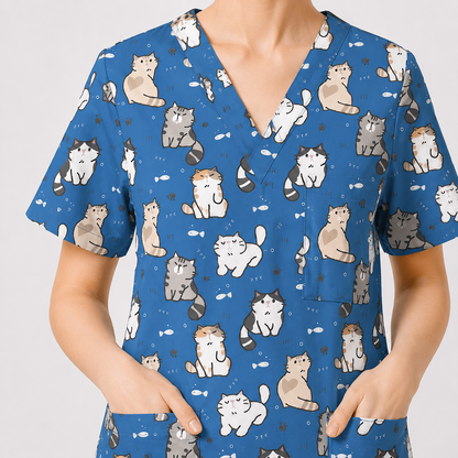 Funny Cat Scrub Set, Cute Cat Pattern Scrub For Nursing, Breathable Med Uniform