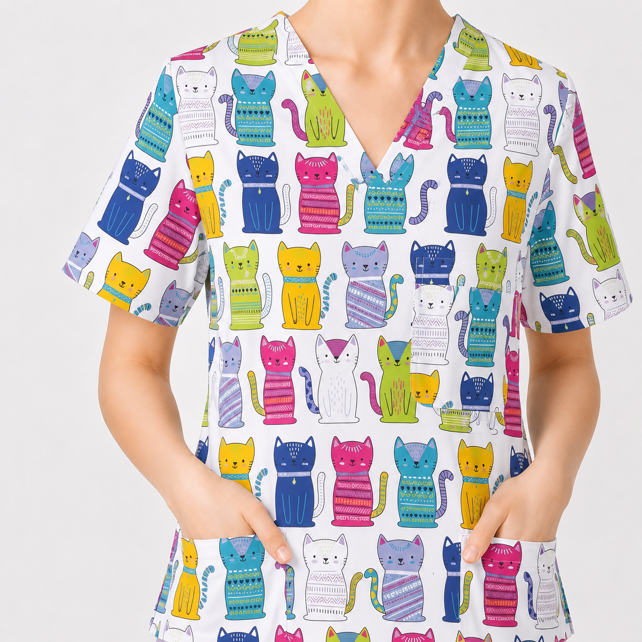 Funny Cat Scrub Top for Women, Cute Rainbow Cats Nursing Uniform, Gift for RN LPN CNA Veterinary Healthcare Professionals