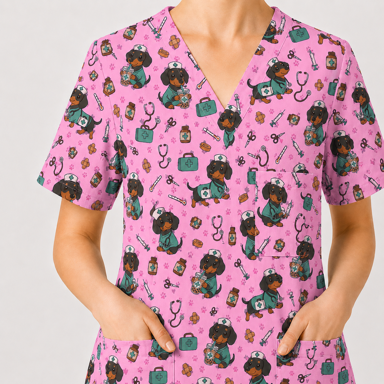 Funny Dachshund Pattern Medical Shirt Nursing, Cute Wiener Dog Nurse Scrub Top, Breathable Med Uniform, RN CNA Doctor Scrubs