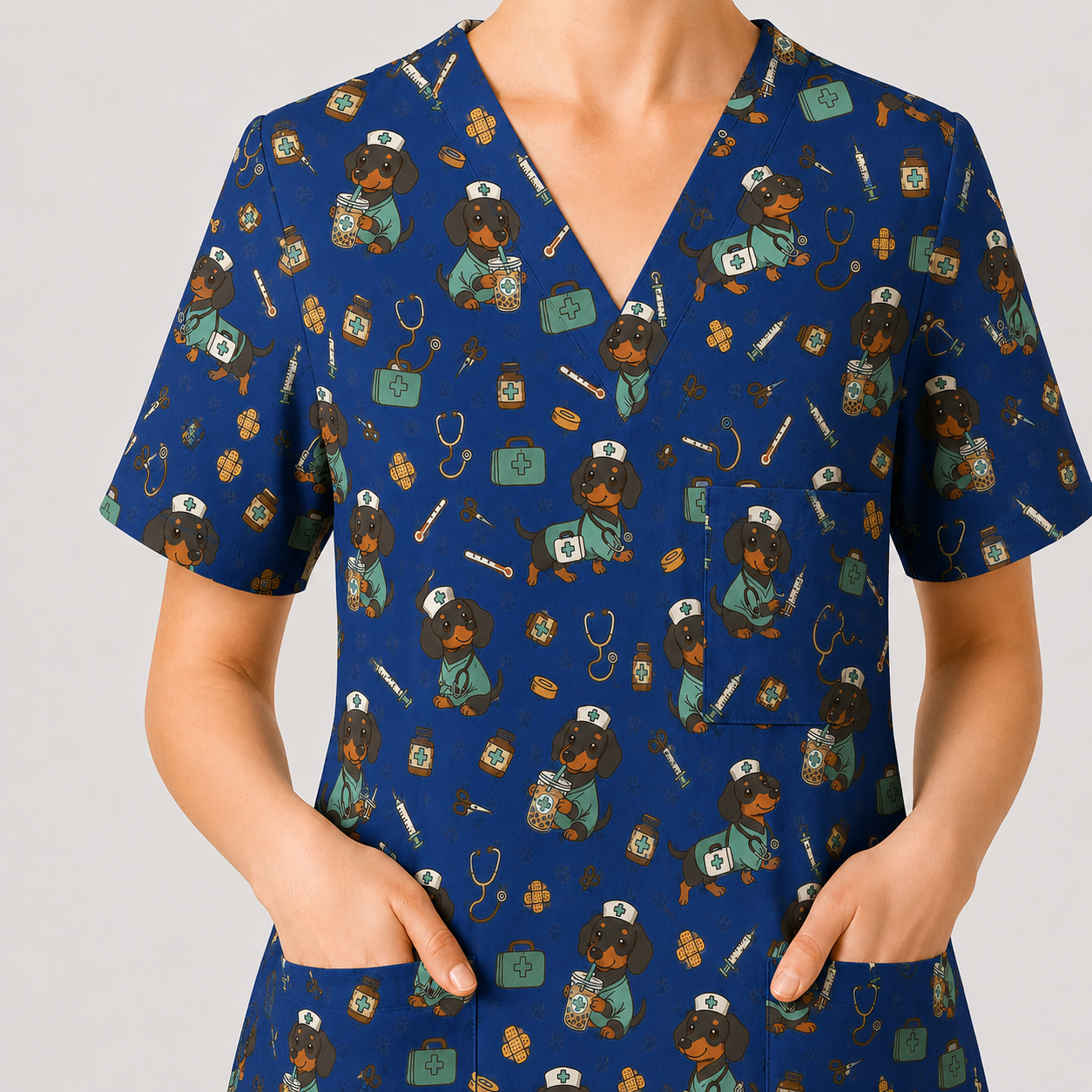 Funny Dachshund Pattern Medical Shirt Nursing, Cute Wiener Dog Nurse Scrub Top, Breathable Med Uniform, RN CNA Doctor Scrubs
