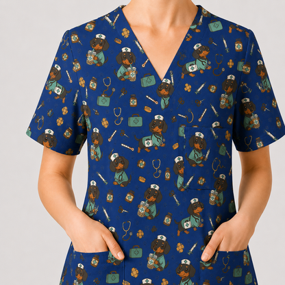 Funny Dachshund Pattern Medical Shirt Nursing, Cute Wiener Dog Nurse Scrub Top, Breathable Med Uniform, RN CNA Doctor Scrubs