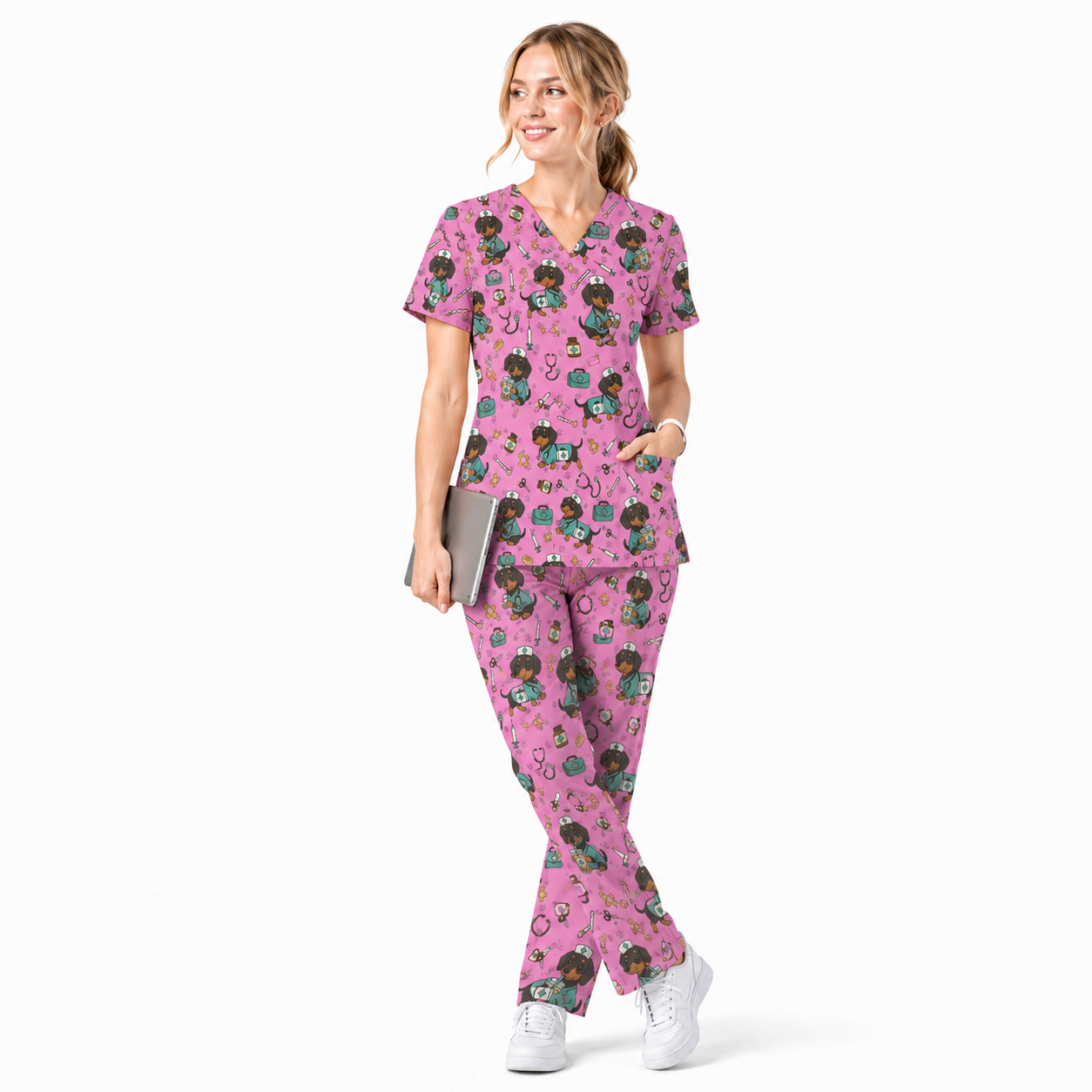 Funny Dachshund Pattern Medical Shirt Nursing, Cute Wiener Dog Nurse Scrub Top, Breathable Med Uniform, RN CNA Doctor Scrubs