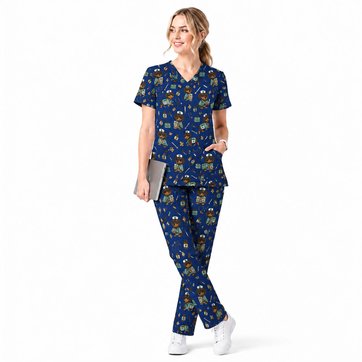 Funny Dachshund Pattern Medical Shirt Nursing, Cute Wiener Dog Nurse Scrub Top, Breathable Med Uniform, RN CNA Doctor Scrubs