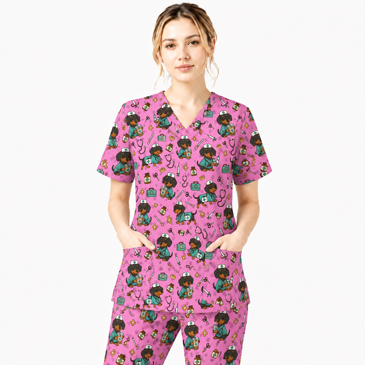 Funny Dachshund Pattern Medical Shirt Nursing, Cute Wiener Dog Nurse Scrub Top, Breathable Med Uniform, RN CNA Doctor Scrubs