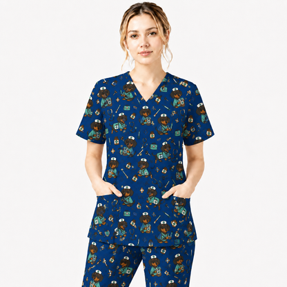Funny Dachshund Pattern Medical Shirt Nursing, Cute Wiener Dog Nurse Scrub Top, Breathable Med Uniform, RN CNA Doctor Scrubs