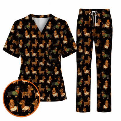 Autumn Dachshund Scrub Top, Cute Fall Wiener Dog Nursing Scrubs for Dog Lovers, Breathable Fabrics Nursing Uniform