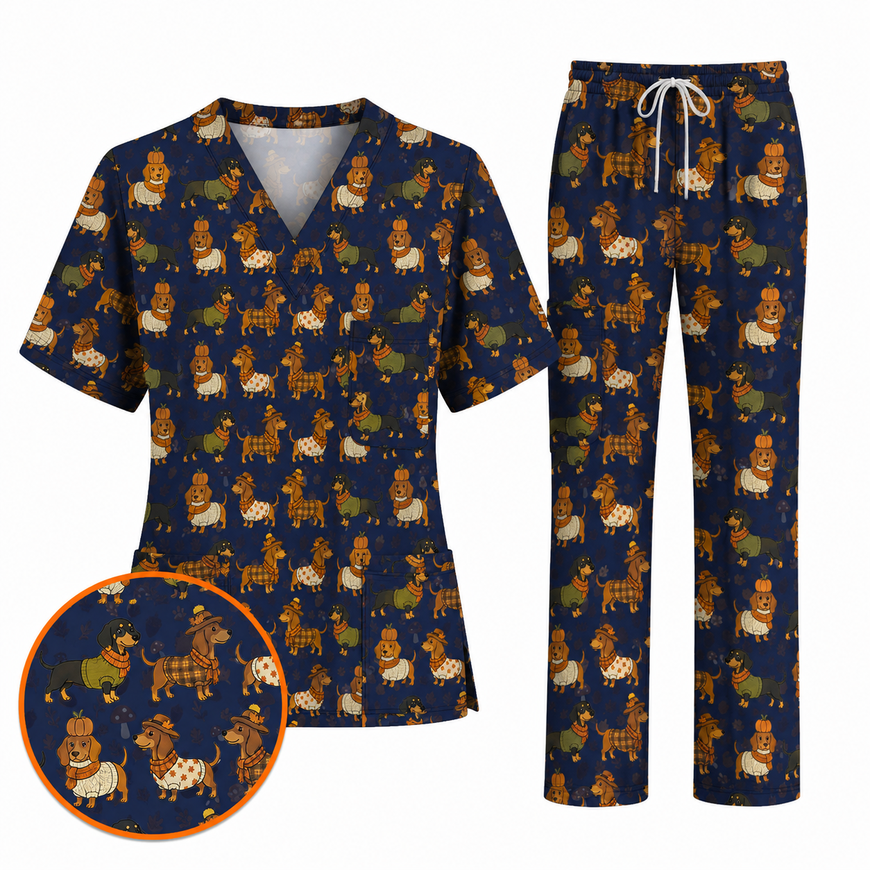 Autumn Dachshund Scrub Top, Cute Fall Wiener Dog Nursing Scrubs for Dog Lovers, Breathable Fabrics Nursing Uniform