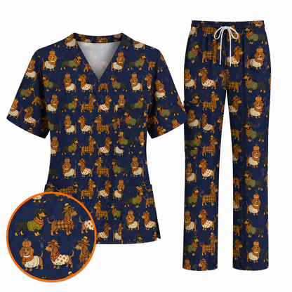 Autumn Dachshund Scrub Top, Cute Fall Wiener Dog Nursing Scrubs for Dog Lovers, Breathable Fabrics Nursing Uniform