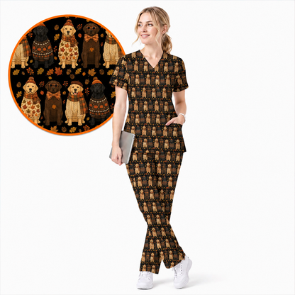 Autumn Dog Scrub Top for Nurses, Fall Labrador Retriever Nursing Uniform, Cozy Autumn Veterinary Scrubs for Dog Lovers