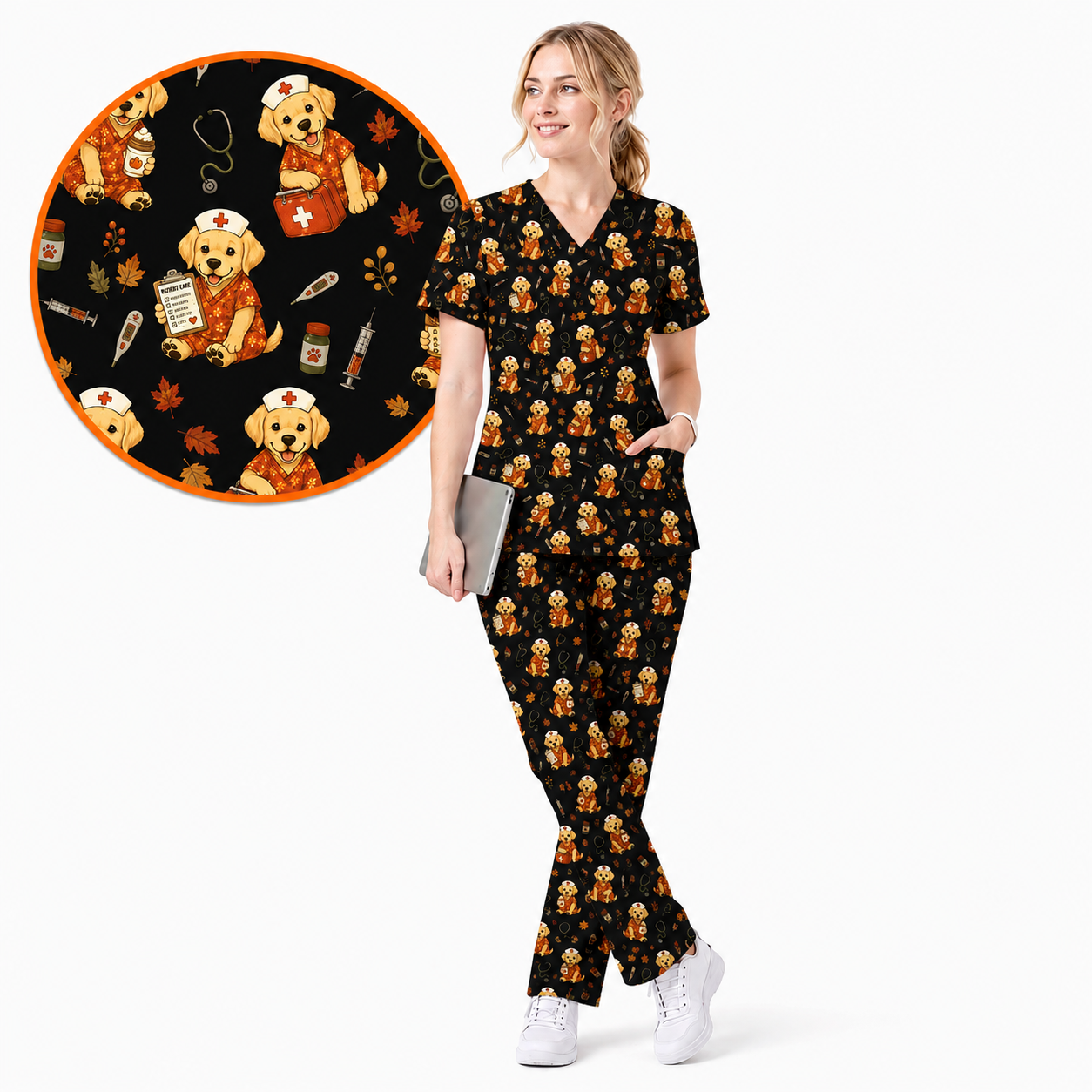 Autumn Labrador Retriever Scrub Top, Fall Dog Nursing Uniform for Veterinary Professionals, Cozy Autumn Nurse Scrubs for Dog Lovers