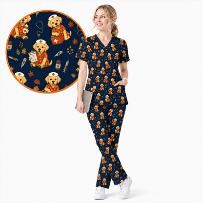 Autumn Labrador Retriever Scrub Top, Fall Dog Nursing Uniform for Veterinary Professionals, Cozy Autumn Nurse Scrubs for Dog Lovers