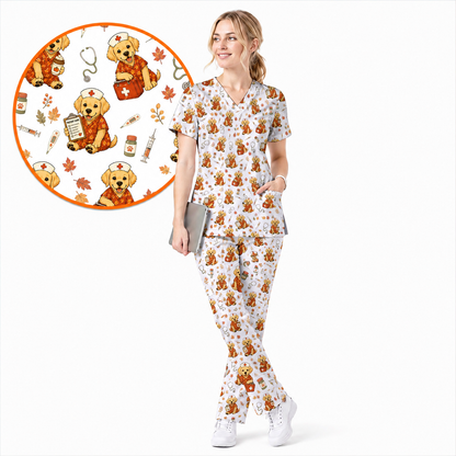 Autumn Labrador Retriever Scrub Top, Fall Dog Nursing Uniform for Veterinary Professionals, Cozy Autumn Nurse Scrubs for Dog Lovers