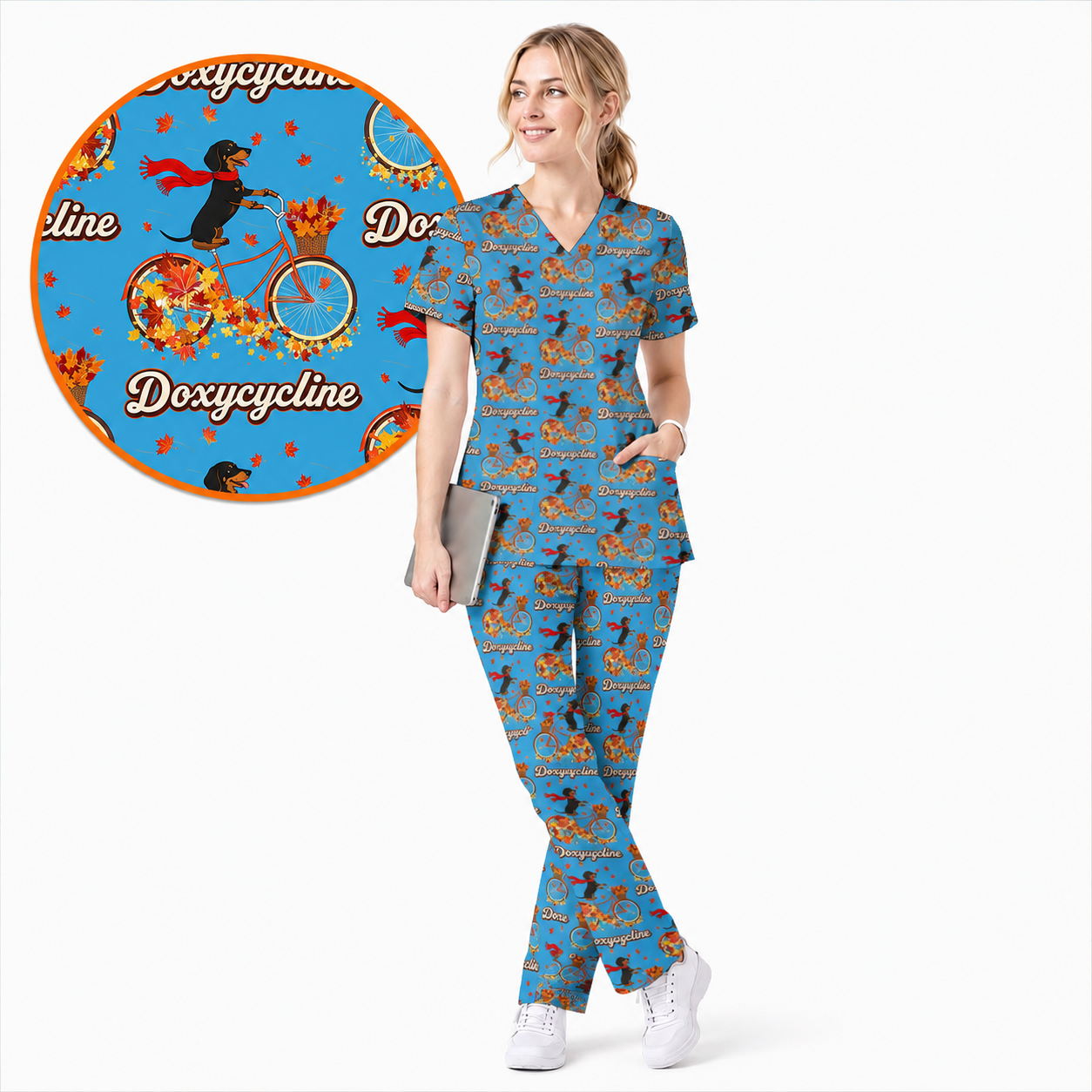 Autumn Dachshund Scrub Top, Cute Wiener Dog Fall Nursing Uniform, Breathable Veterinary Scrub Shirt