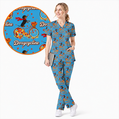 Autumn Dachshund Scrub Top, Cute Wiener Dog Fall Nursing Uniform, Breathable Veterinary Scrub Shirt