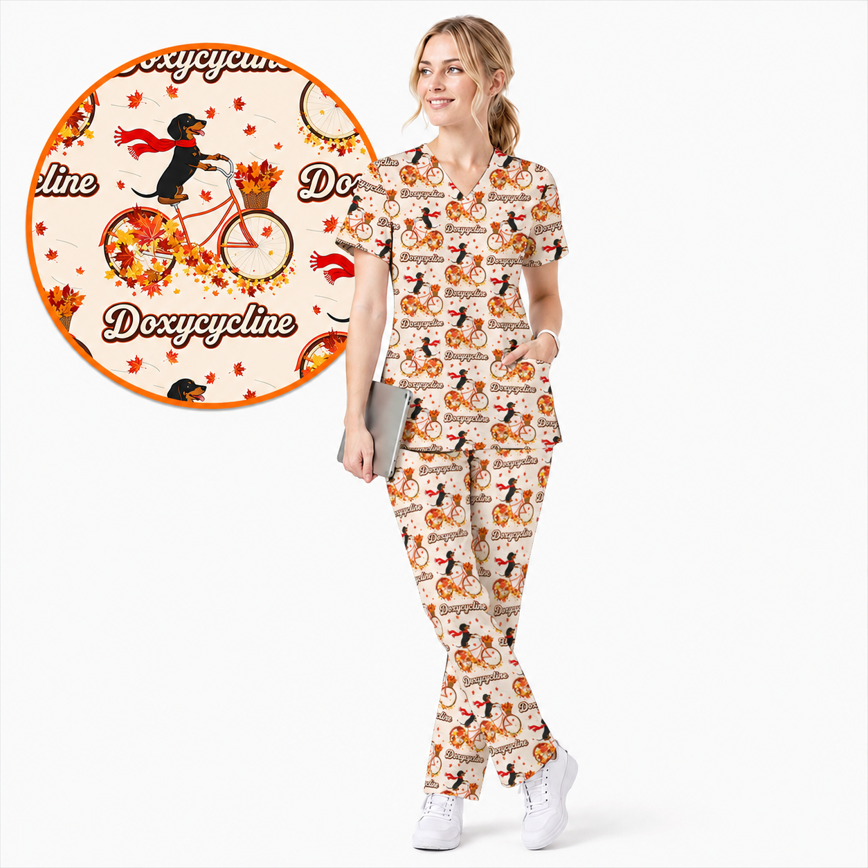 Autumn Dachshund Scrub Top, Cute Wiener Dog Fall Nursing Uniform, Breathable Veterinary Scrub Shirt
