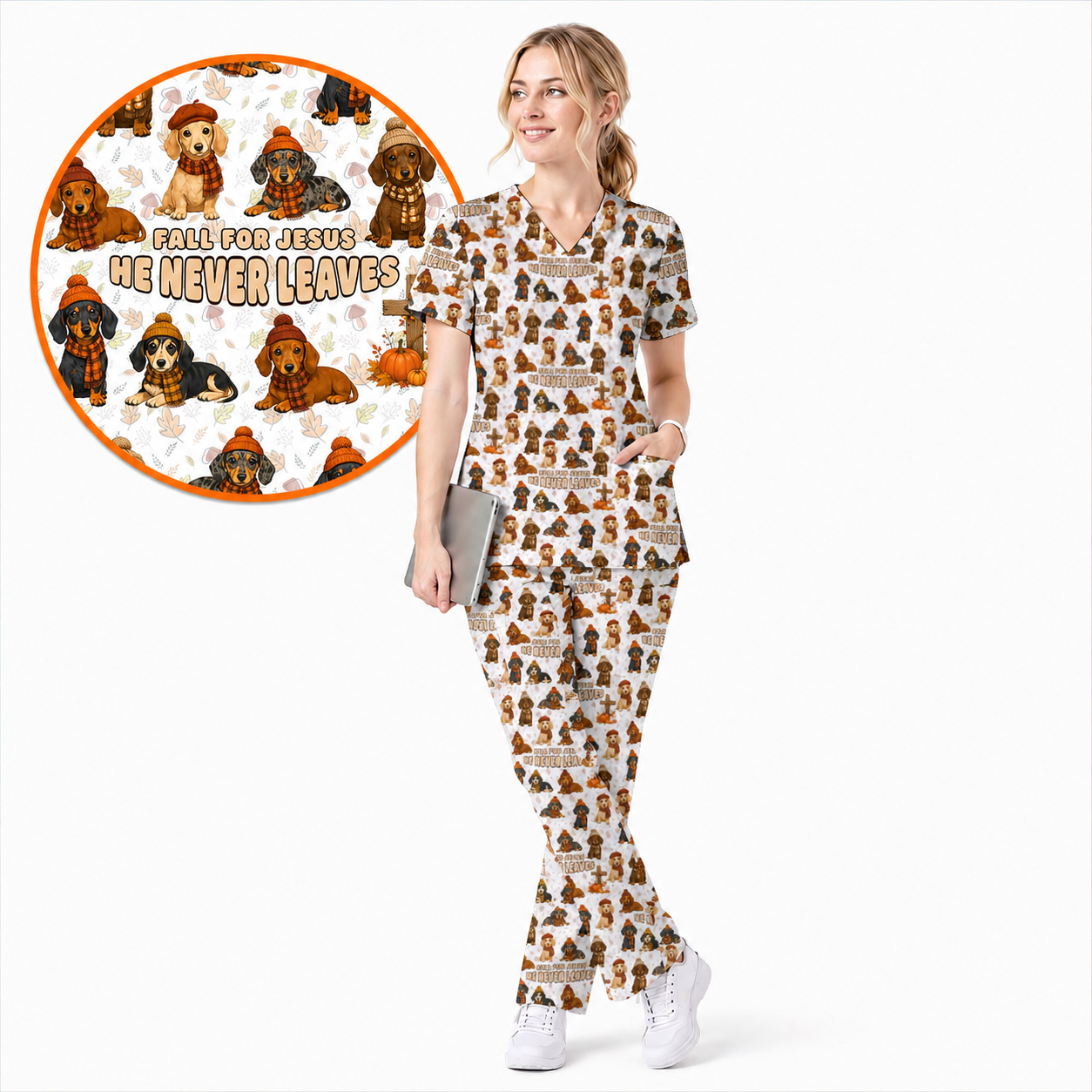 Autumn Dachshund Scrub Top, Wiener Dog Fall Nursing Uniform for Dog Lovers, Comfortable Scrubs for Nurses