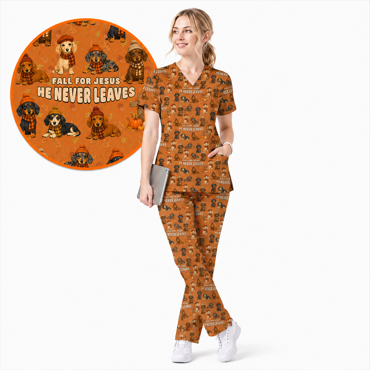 Autumn Dachshund Scrub Top, Wiener Dog Fall Nursing Uniform for Dog Lovers, Comfortable Scrubs for Nurses