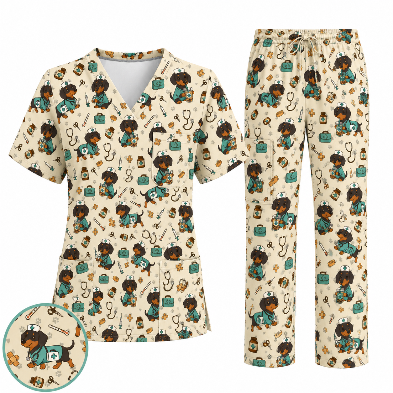 Funny Dachshund Pattern Medical Shirt Nursing, Cute Wiener Dog Nurse Scrub Top, Breathable Med Uniform, RN CNA Doctor Scrubs