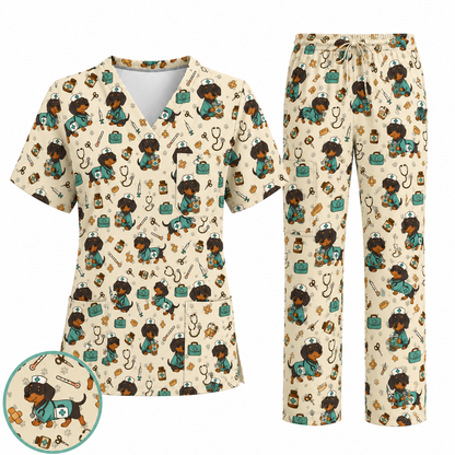 Funny Dachshund Pattern Medical Shirt Nursing, Cute Wiener Dog Nurse Scrub Top, Breathable Med Uniform, RN CNA Doctor Scrubs