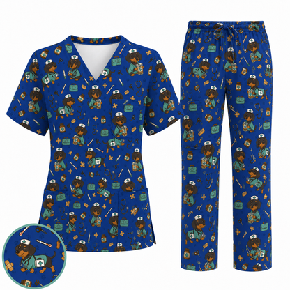 Funny Dachshund Pattern Medical Shirt Nursing, Cute Wiener Dog Nurse Scrub Top, Breathable Med Uniform, RN CNA Doctor Scrubs