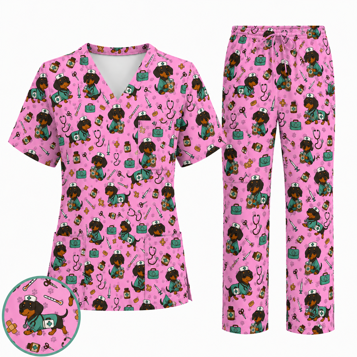 Funny Dachshund Pattern Medical Shirt Nursing, Cute Wiener Dog Nurse Scrub Top, Breathable Med Uniform, RN CNA Doctor Scrubs