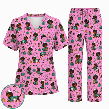 Funny Dachshund Pattern Medical Shirt Nursing, Cute Wiener Dog Nurse Scrub Top, Breathable Med Uniform, RN CNA Doctor Scrubs
