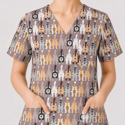 Funny Cat Nursing Shirt, Cute Cat Butt Pattern Scrub Top, Comfortable Scrubs For Nurses