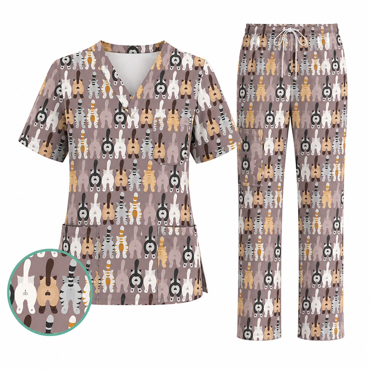 Funny Cat Nursing Shirt, Cute Cat Butt Pattern Scrub Top, Comfortable Scrubs For Nurses