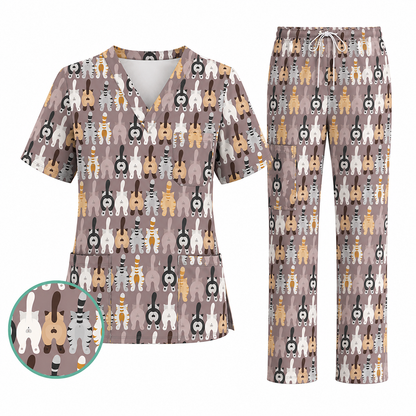 Funny Cat Nursing Shirt, Cute Cat Butt Pattern Scrub Top, Comfortable Scrubs For Nurses