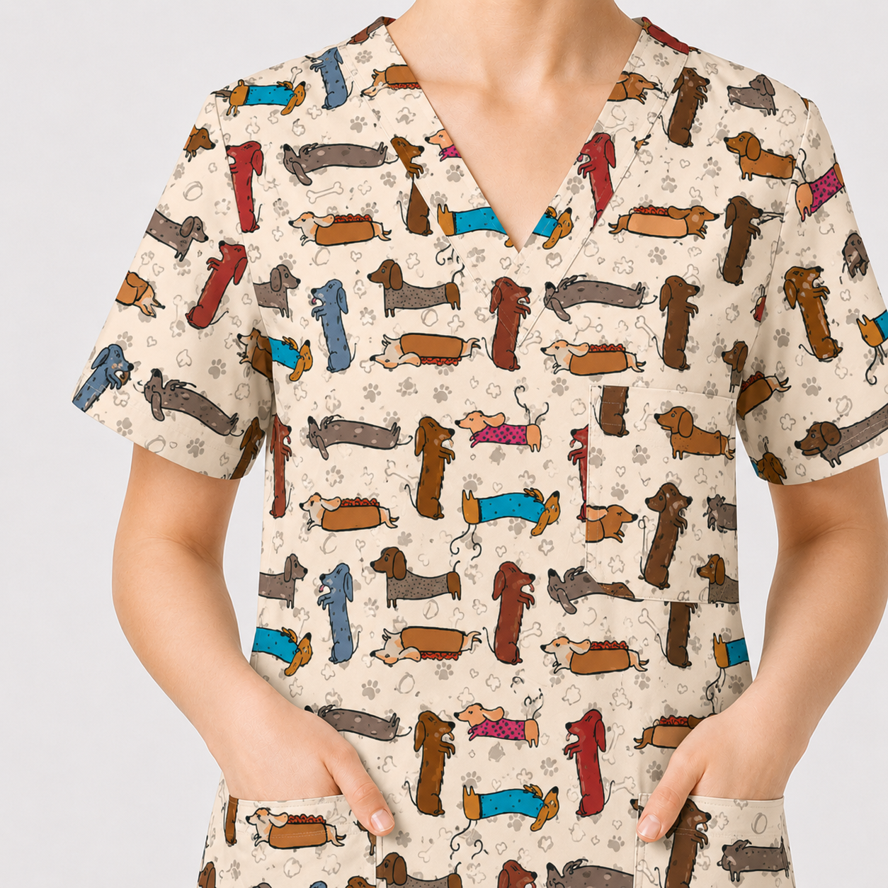 Cute Dachshund Scrub Top for Nurses, Funny Wiener Dog Print Medical Uniform Shirt, Sausage Dog Pattern Veterinary Workwear