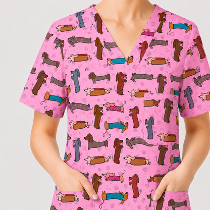Cute Dachshund Scrub Top for Nurses, Funny Wiener Dog Print Medical Uniform Shirt, Sausage Dog Pattern Veterinary Workwear