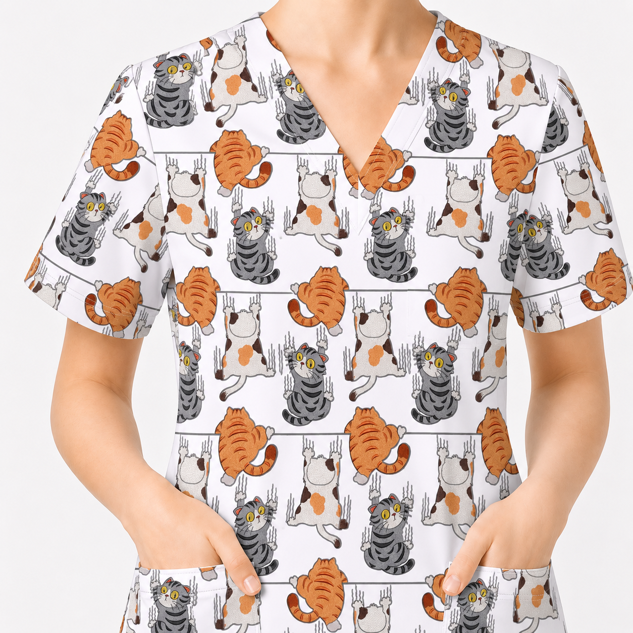 Cute Cat Pattern Nurse Scrub Top, Cats Medical Pattern Shirt, Breathable Fabrics Nursing Uniform