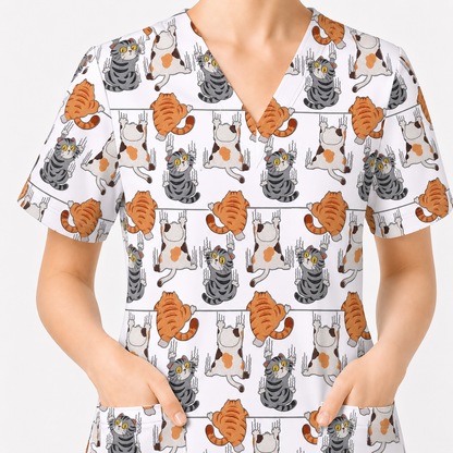 Cute Cat Pattern Nurse Scrub Top, Cats Medical Pattern Shirt, Breathable Fabrics Nursing Uniform