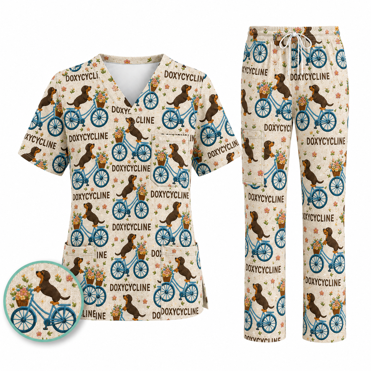 Doxycycline Pharmacy Pun Scrub Top, Dachshund on Bicycle Pharmacists Shirt, Veterinary Technicians Gift