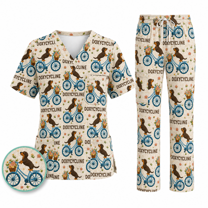 Doxycycline Pharmacy Pun Scrub Top, Dachshund on Bicycle Pharmacists Shirt, Veterinary Technicians Gift