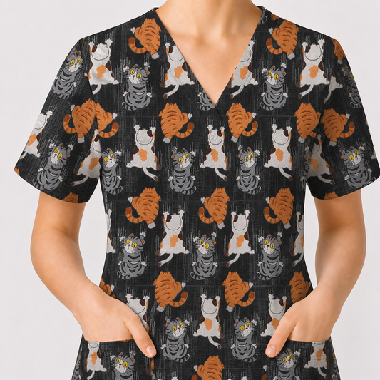 Cute Cat Pattern Nurse Scrub Top, Cats Medical Pattern Shirt, Breathable Fabrics Nursing Uniform