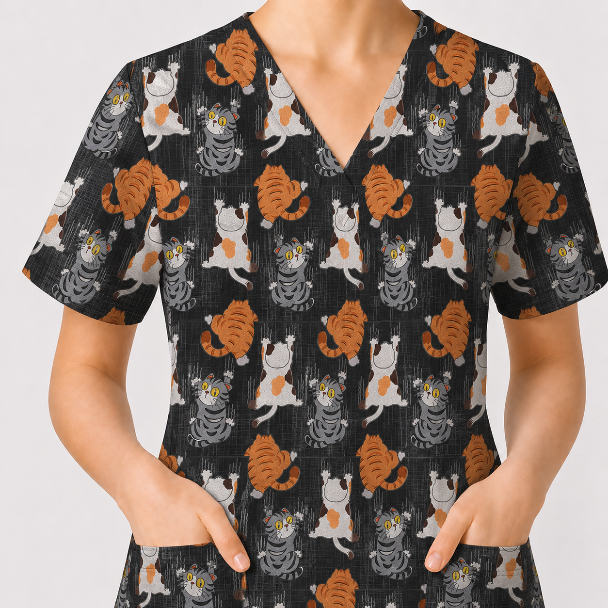 Cute Cat Pattern Nurse Scrub Top, Cats Medical Pattern Shirt, Breathable Fabrics Nursing Uniform