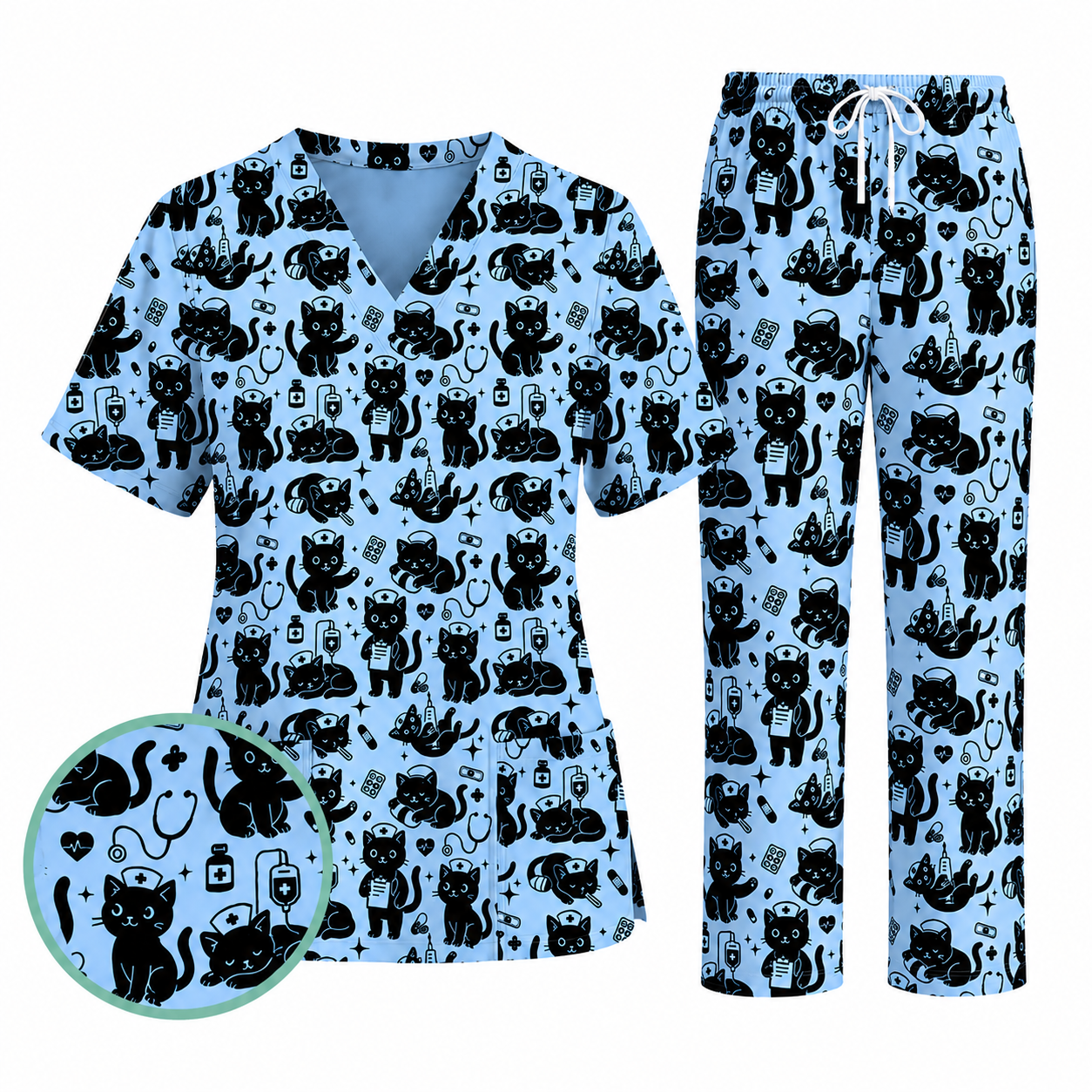 Funny Cat Pattern Scrub, Cute Black Cat Nurse Pattern Scrub Top, Breathable Fabrics Nursing Uniform