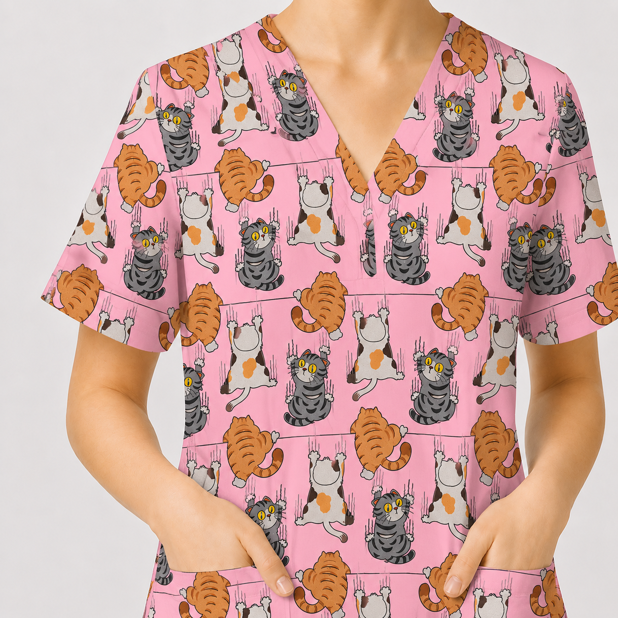 Cute Cat Pattern Nurse Scrub Top, Cats Medical Pattern Shirt, Breathable Fabrics Nursing Uniform