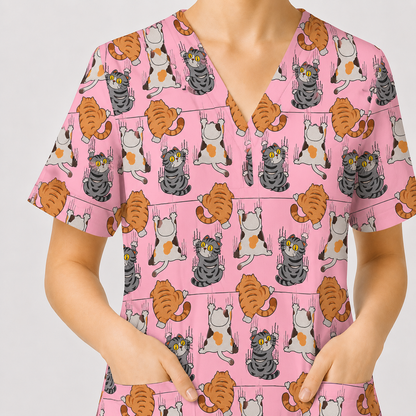 Cute Cat Pattern Nurse Scrub Top, Cats Medical Pattern Shirt, Breathable Fabrics Nursing Uniform